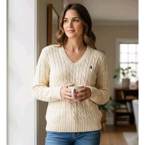 Ralph Lauren Sport Cable Knit Sweater V Neck Cream 100% Cotton Womens Size M